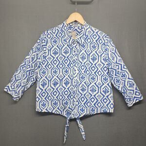 Chicos Blue White Ikat Print Tie Front Blouse 3/4 Sleeve Womens 2 Large